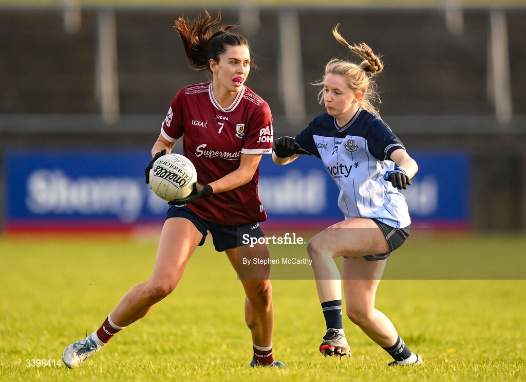 21 March 2026; Ellen Power of Galway is tackled by Caoimhe O'Connor of Dublin during the Lidl Ladies National Football League Division 1 Round 6 match between Galway and Dublin at Tuam Stadium in Tuam, Galway. Photo by Stephen McCarthy/Sportsfile