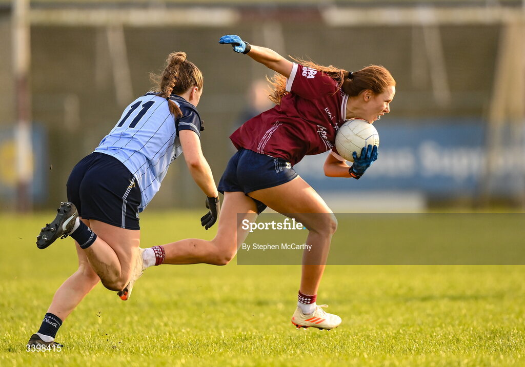 21 March 2026; Olivia Divilly of Galway in action against Laura Grendon of Dublin during the Lidl Ladies National Football League Division 1 Round 6 match between Galway and Dublin at Tuam Stadium in Tuam, Galway. Photo by Stephen McCarthy/Sportsfile