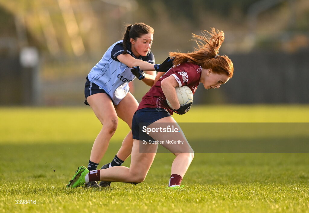 21 March 2026; Kate Slevin of Galway in action against Hannah McGinnis of Dublin during the Lidl Ladies National Football League Division 1 Round 6 match between Galway and Dublin at Tuam Stadium in Tuam, Galway. Photo by Stephen McCarthy/Sportsfile