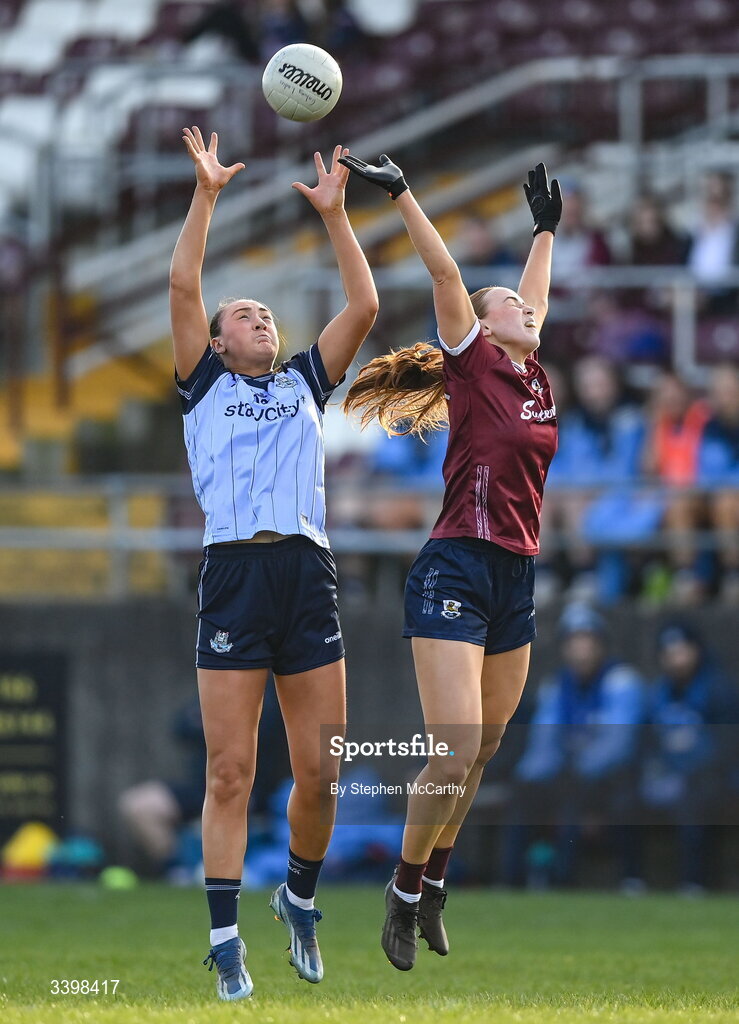 21 March 2026; Niamh Hetherton of Dublin in action against Siobhan Divilly of Galway during the Lidl Ladies National Football League Division 1 Round 6 match between Galway and Dublin at Tuam Stadium in Tuam, Galway. Photo by Stephen McCarthy/Sportsfile