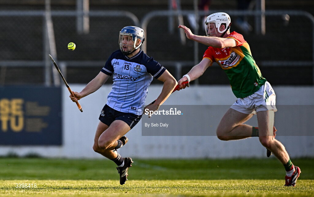 21 March 2026; Dara Purcell of Dublin in action against Conaill Fitzpatrick of Carlow during the Allianz Hurling League Division 1B match between Carlow and Dublin at Netwatch Cullen Park in Carlow. Photo by Seb Daly/Sportsfile