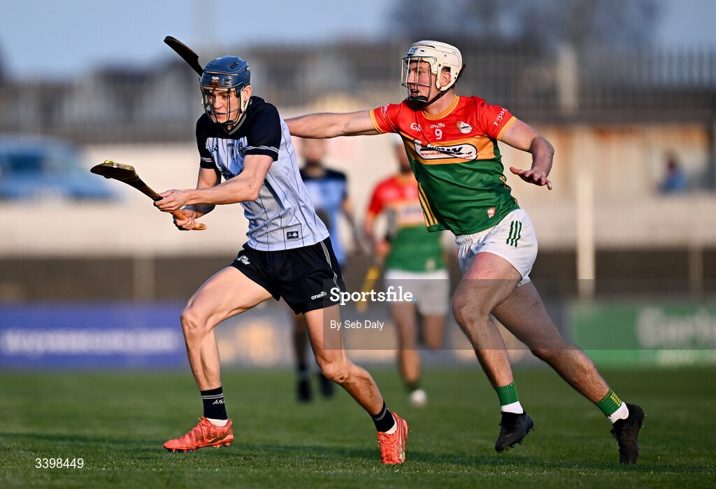 21 March 2026; Brian Hayes of Dublin in action against Fiachra Fitzpatrick of Carlow during the Allianz Hurling League Division 1B match between Carlow and Dublin at Netwatch Cullen Park in Carlow. Photo by Seb Daly/Sportsfile