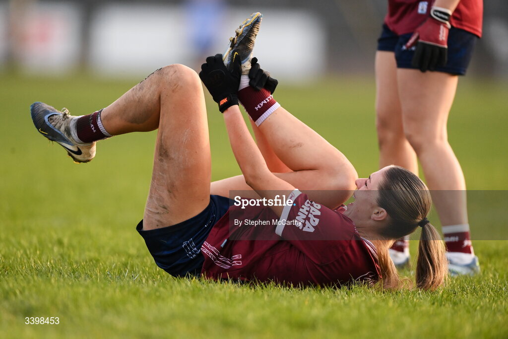 21 March 2026; Kate Thompson of Galway after picking up an injury during the Lidl Ladies National Football League Division 1 Round 6 match between Galway and Dublin at Tuam Stadium in Tuam, Galway. Photo by Stephen McCarthy/Sportsfile