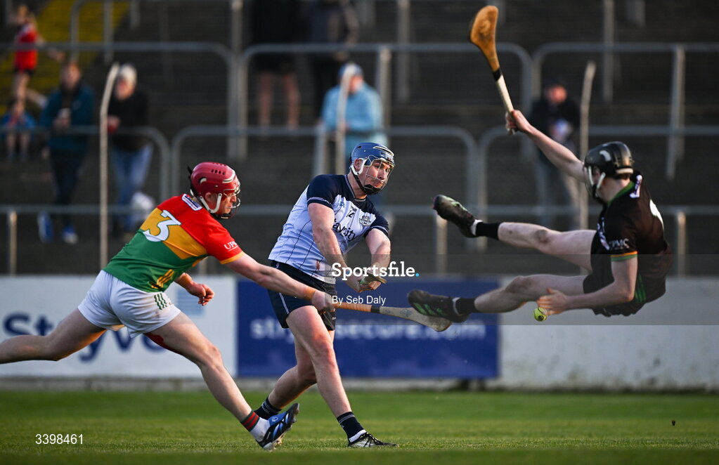21 March 2026; John Hetherton of Dublin has a shot saved by Carlow goalkeeper Kyle Foley during the Allianz Hurling League Division 1B match between Carlow and Dublin at Netwatch Cullen Park in Carlow. Photo by Seb Daly/Sportsfile
