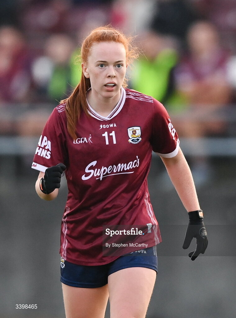 21 March 2026; Kate Slevin of Galway celebrates after kicking a second half point during the Lidl Ladies National Football League Division 1 Round 6 match between Galway and Dublin at Tuam Stadium in Tuam, Galway. Photo by Stephen McCarthy/Sportsfile