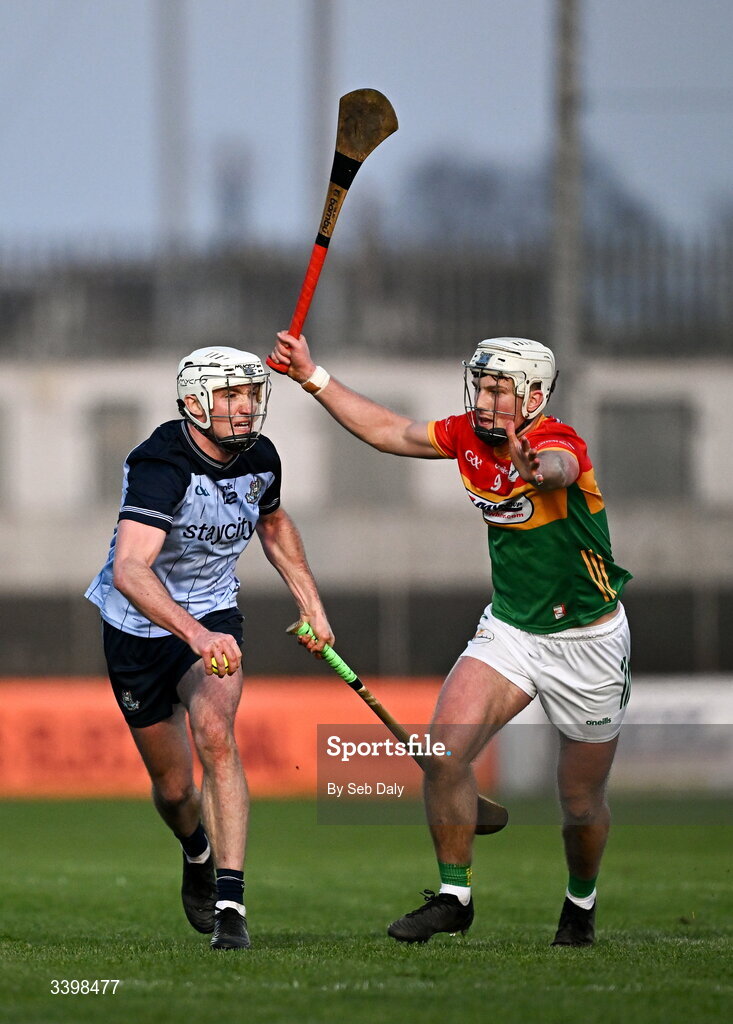 21 March 2026; Darragh Power of Dublin in action against Fiachra Fitzpatrick of Carlow during the Allianz Hurling League Division 1B match between Carlow and Dublin at Netwatch Cullen Park in Carlow. Photo by Seb Daly/Sportsfile
