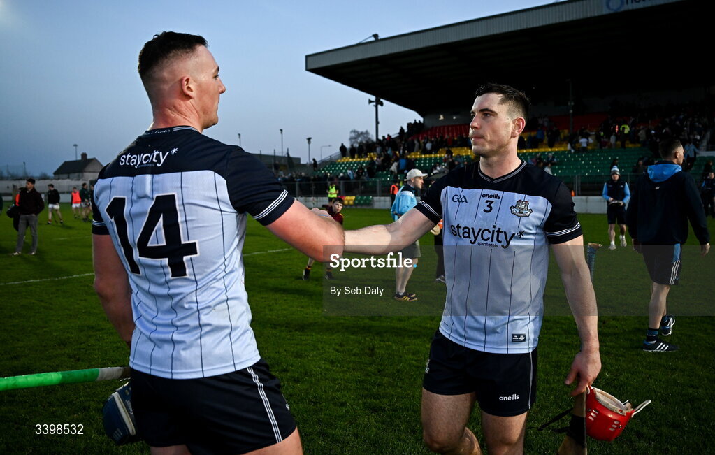 21 March 2026; Dublin players John Hetherton, left, and Paddy Smyth after the Allianz Hurling League Division 1B match between Carlow and Dublin at Netwatch Cullen Park in Carlow. Photo by Seb Daly/Sportsfile