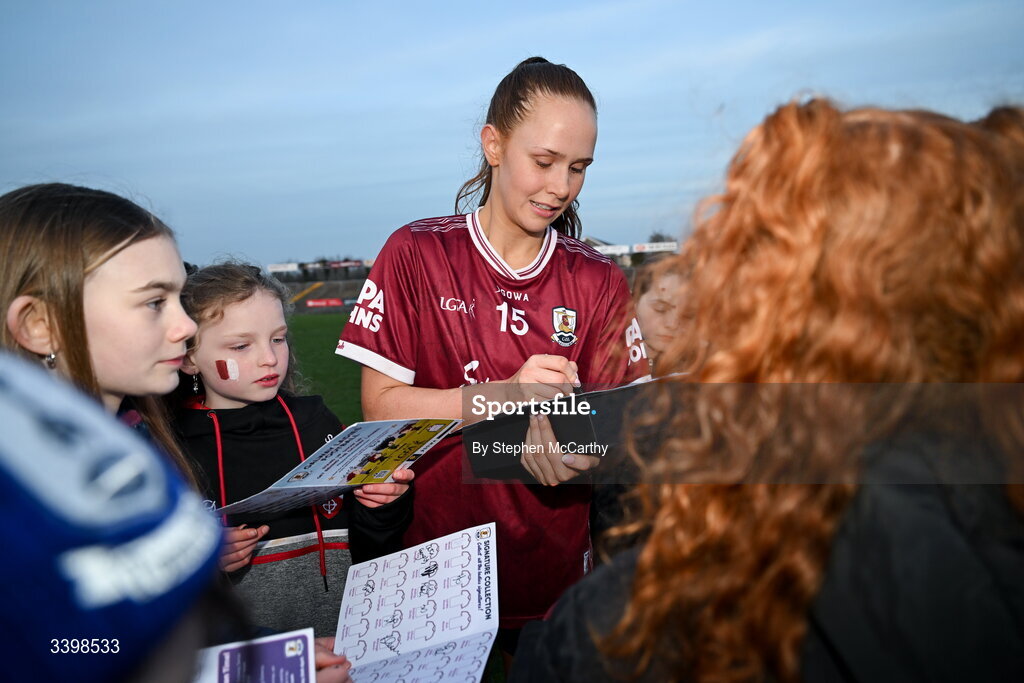 21 March 2026; Olivia Divilly of Galway signs autographs after the Lidl Ladies National Football League Division 1 Round 6 match between Galway and Dublin at Tuam Stadium in Tuam, Galway. Photo by Stephen McCarthy/Sportsfile
