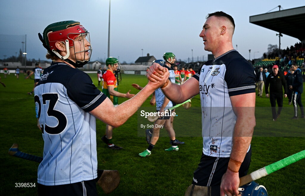 21 March 2026; Dublin players Diarmaid Ó Dúlaing, left, and John Hetherton after the Allianz Hurling League Division 1B match between Carlow and Dublin at Netwatch Cullen Park in Carlow. Photo by Seb Daly/Sportsfile