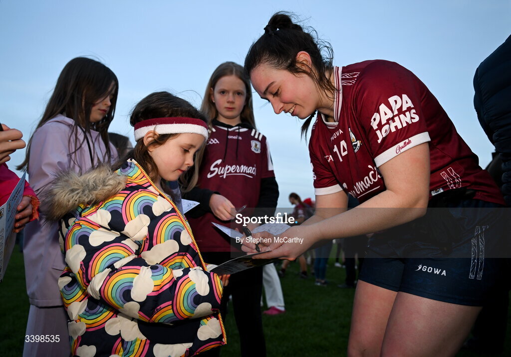 21 March 2026; Lynsey Noone of Galway signs autographs after the Lidl Ladies National Football League Division 1 Round 6 match between Galway and Dublin at Tuam Stadium in Tuam, Galway. Photo by Stephen McCarthy/Sportsfile