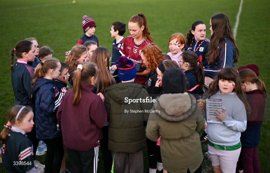 21 March 2026; Olivia Divilly of Galway signs autographs following the Lidl Ladies National Football League Division 1 Round 6 match between Galway and Dublin at Tuam Stadium in Tuam, Galway. Photo by Stephen McCarthy/Sportsfile