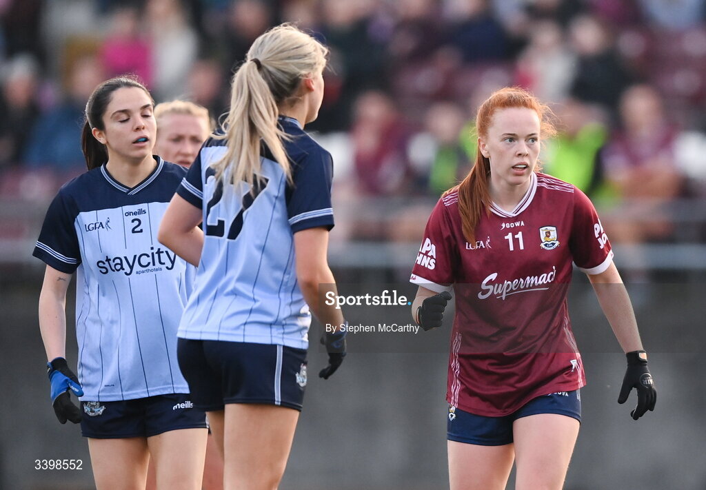21 March 2026; Kate Slevin of Galway celebrates after kicking a second half point during the Lidl Ladies National Football League Division 1 Round 6 match between Galway and Dublin at Tuam Stadium in Tuam, Galway. Photo by Stephen McCarthy/Sportsfile