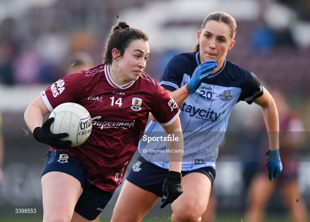 21 March 2026; Leanne Coen of Galway in action against Ashling Nyhan of Dublin during the Lidl Ladies National Football League Division 1 Round 6 match between Galway and Dublin at Tuam Stadium in Tuam, Galway. Photo by Stephen McCarthy/Sportsfile