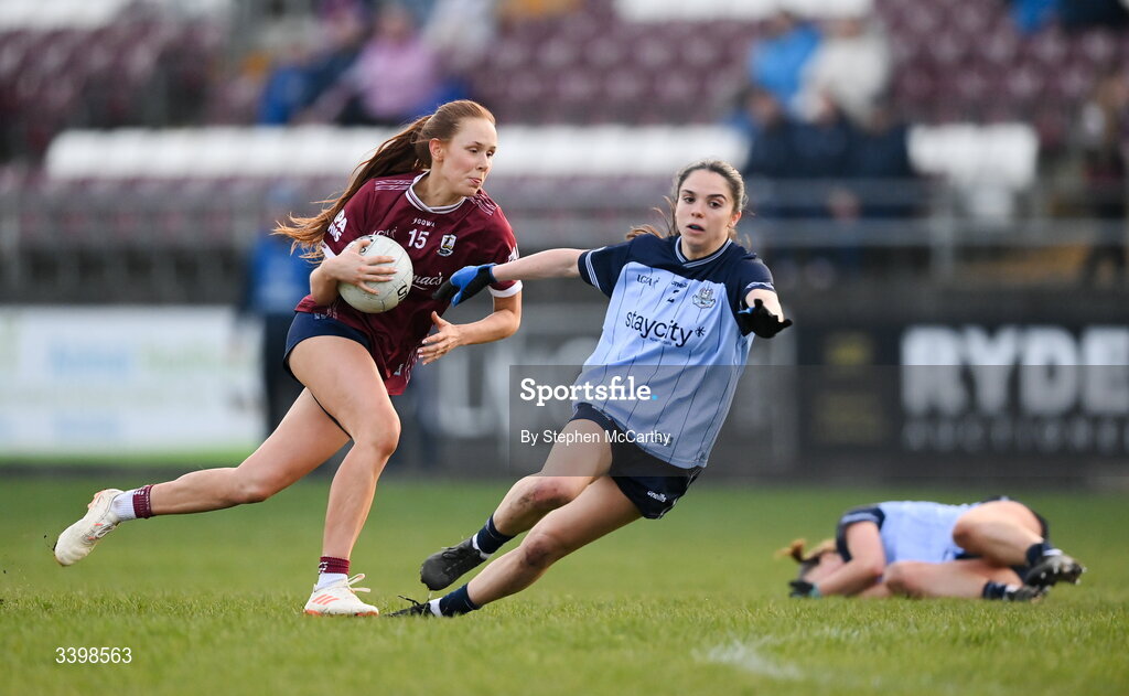 21 March 2026; Olivia Divilly of Galway in action against Niamh Crowley of Dublin during the Lidl Ladies National Football League Division 1 Round 6 match between Galway and Dublin at Tuam Stadium in Tuam, Galway. Photo by Stephen McCarthy/Sportsfile