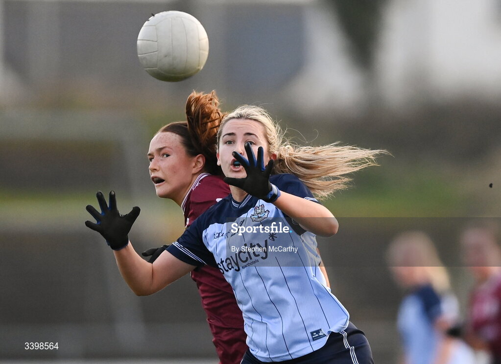 21 March 2026; Caitlin Coffey of Dublin in action against Niamh Divilly of Galway during the Lidl Ladies National Football League Division 1 Round 6 match between Galway and Dublin at Tuam Stadium in Tuam, Galway. Photo by Stephen McCarthy/Sportsfile