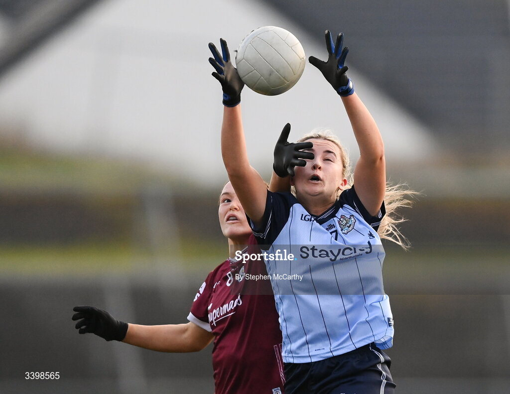 21 March 2026; Caitlin Coffey of Dublin in action against Niamh Divilly of Galway during the Lidl Ladies National Football League Division 1 Round 6 match between Galway and Dublin at Tuam Stadium in Tuam, Galway. Photo by Stephen McCarthy/Sportsfile