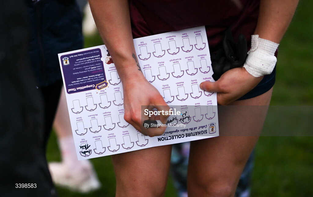 21 March 2026; A Galway player signs an autograph for a supporter following the Lidl Ladies National Football League Division 1 Round 6 match between Galway and Dublin at Tuam Stadium in Tuam, Galway. Photo by Stephen McCarthy/Sportsfile