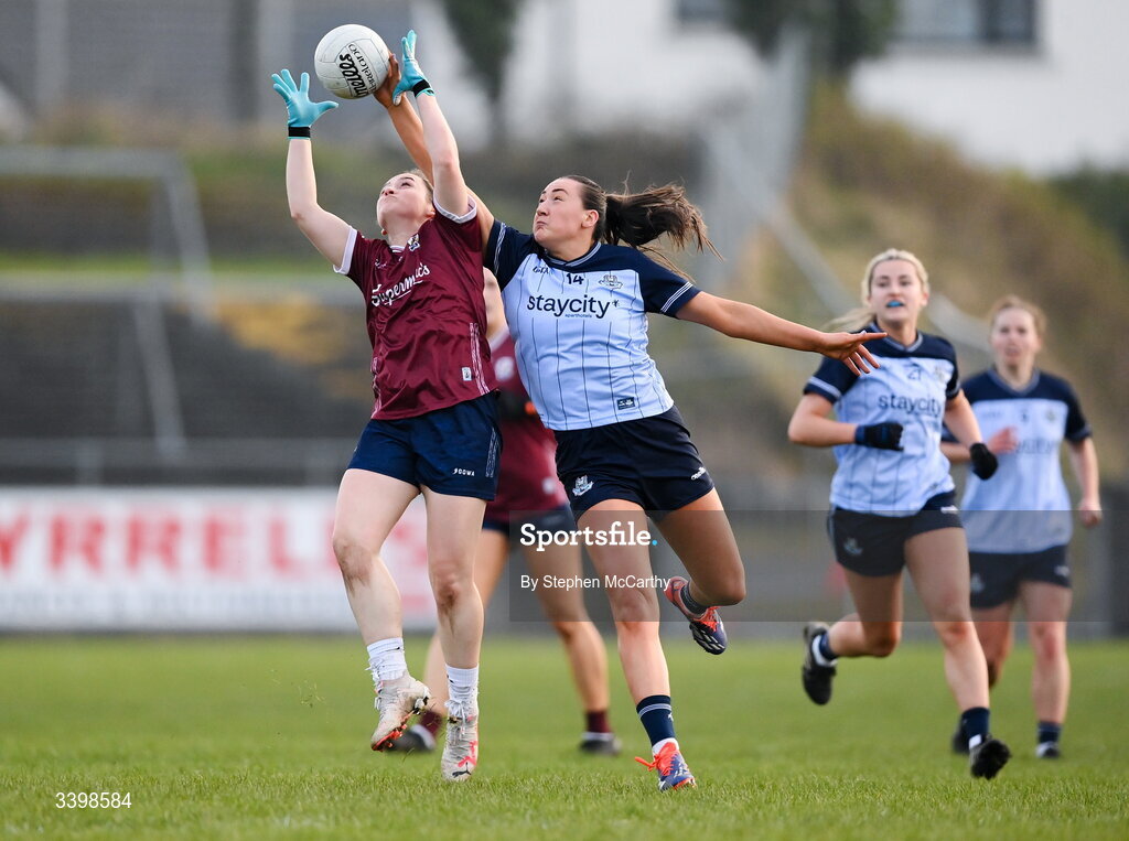 21 March 2026; Niamh Hetherton of Dublin in action against Bronagh Quinn of Galway during the Lidl Ladies National Football League Division 1 Round 6 match between Galway and Dublin at Tuam Stadium in Tuam, Galway. Photo by Stephen McCarthy/Sportsfile