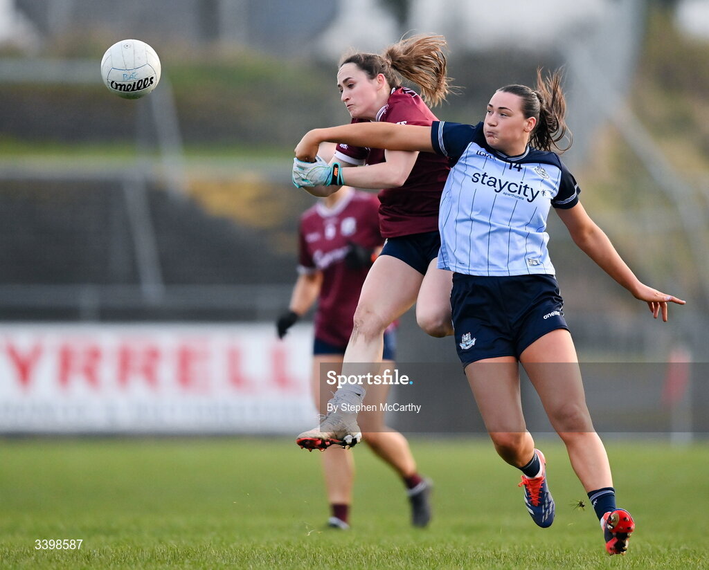 21 March 2026; Niamh Hetherton of Dublin in action against Bronagh Quinn of Galway during the Lidl Ladies National Football League Division 1 Round 6 match between Galway and Dublin at Tuam Stadium in Tuam, Galway. Photo by Stephen McCarthy/Sportsfile