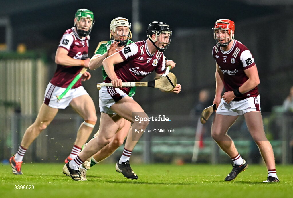 21 March 2026; Cian Daniels of Galway is tackled by Cian Lynch of Limerick during the Allianz Hurling League Division 1A match between Limerick and Galway at TUS Gaelic Grounds in Limerick. Photo by Piaras Ó Mídheach/Sportsfile