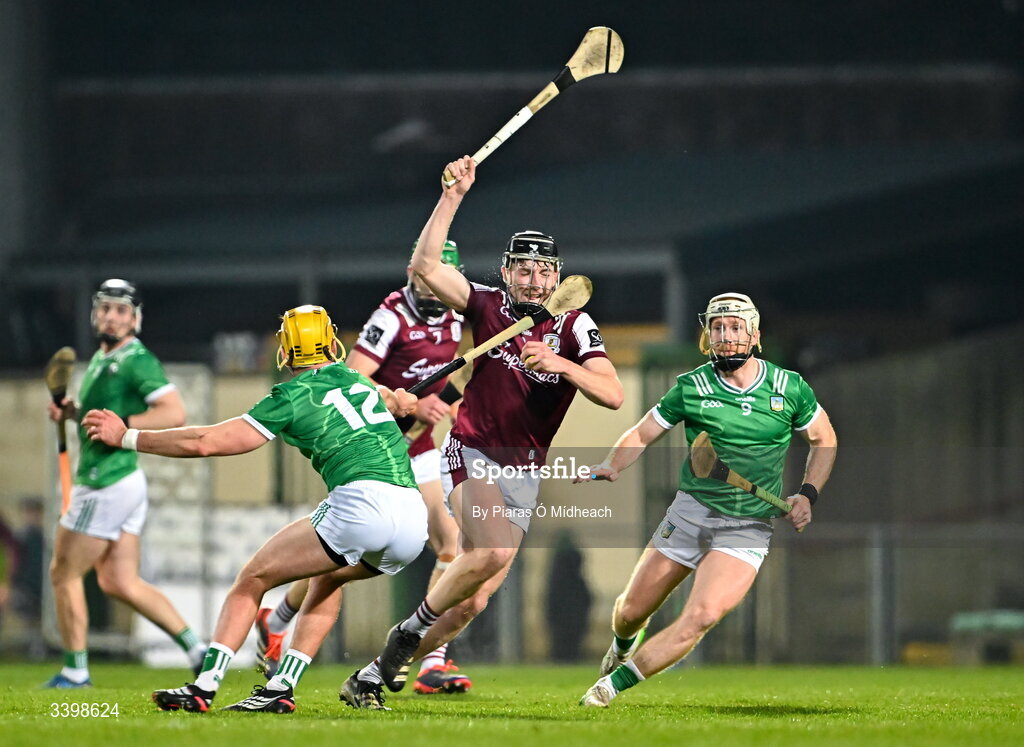 21 March 2026; Cian Daniels of Galway is tackled by Cathal O'Neill of Limerick during the Allianz Hurling League Division 1A match between Limerick and Galway at TUS Gaelic Grounds in Limerick. Photo by Piaras Ó Mídheach/Sportsfile