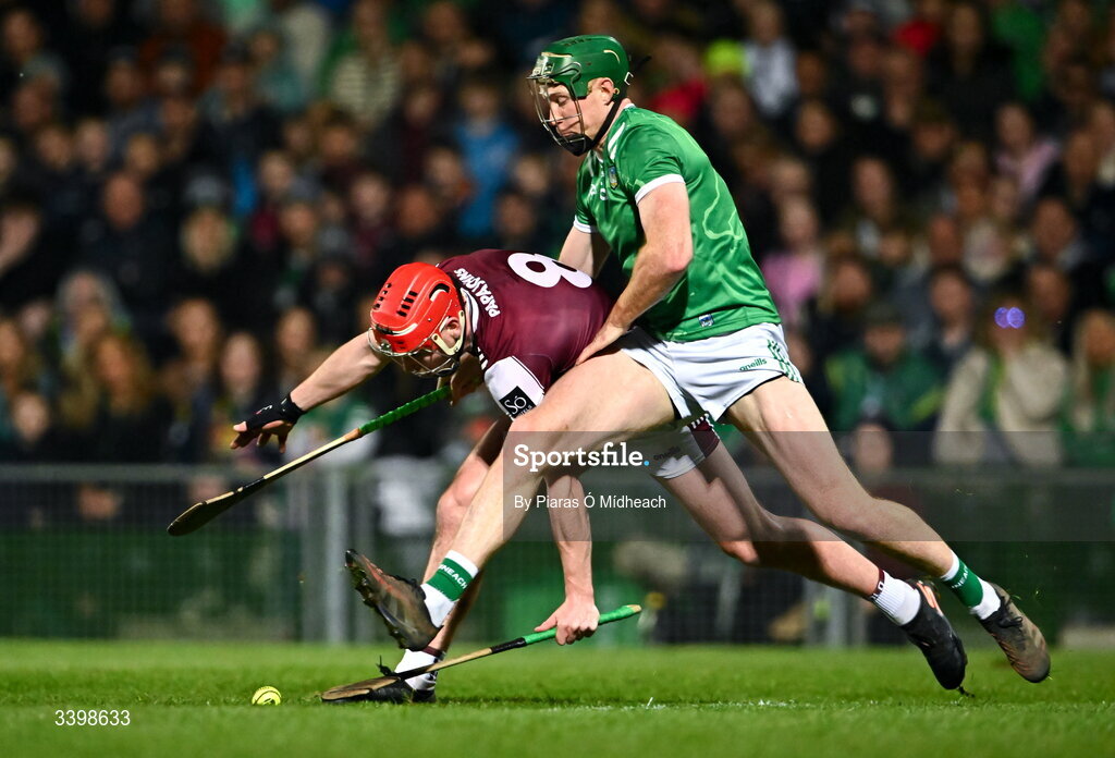 21 March 2026; TJ Brennan of Galway in action against William O'Donoghue of Limerick during the Allianz Hurling League Division 1A match between Limerick and Galway at TUS Gaelic Grounds in Limerick. Photo by Piaras Ó Mídheach/Sportsfile