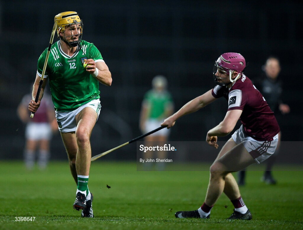 21 March 2026; Cathal O'Neill of Limerick in action against Cillian Trayers of Galway during the Allianz Hurling League Division 1A match between Limerick and Galway at TUS Gaelic Grounds in Limerick. Photo by John Sheridan/Sportsfile