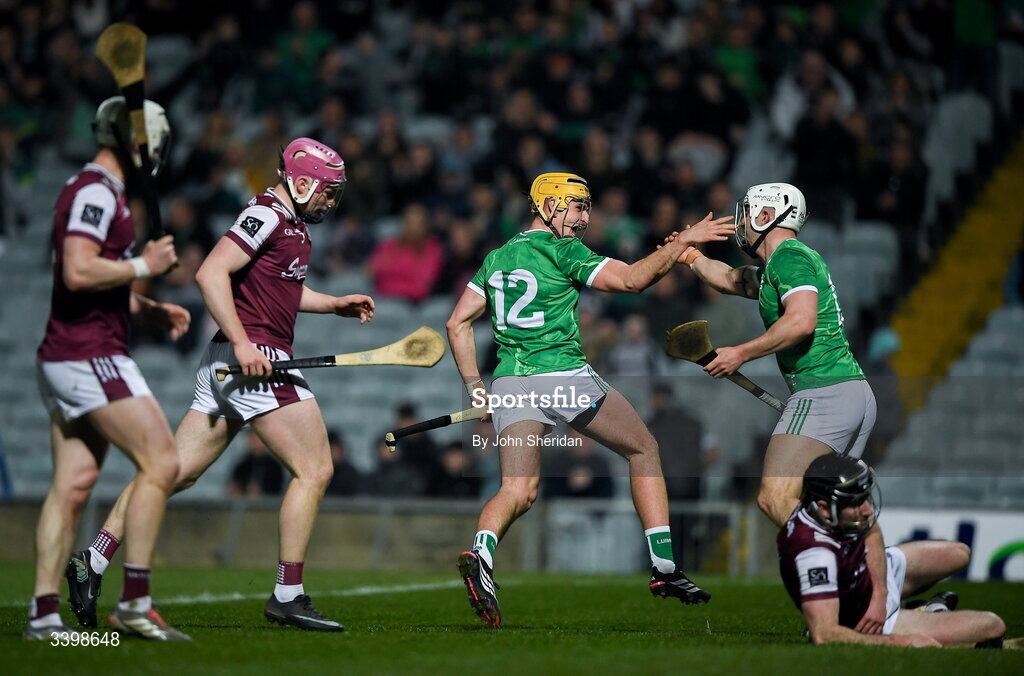 21 March 2026; Cathal O'Neill of Limerick celebrates after scoring his side's first goal with teammate Aaron Gillane during the Allianz Hurling League Division 1A match between Limerick and Galway at TUS Gaelic Grounds in Limerick. Photo by John Sheridan/Sportsfile