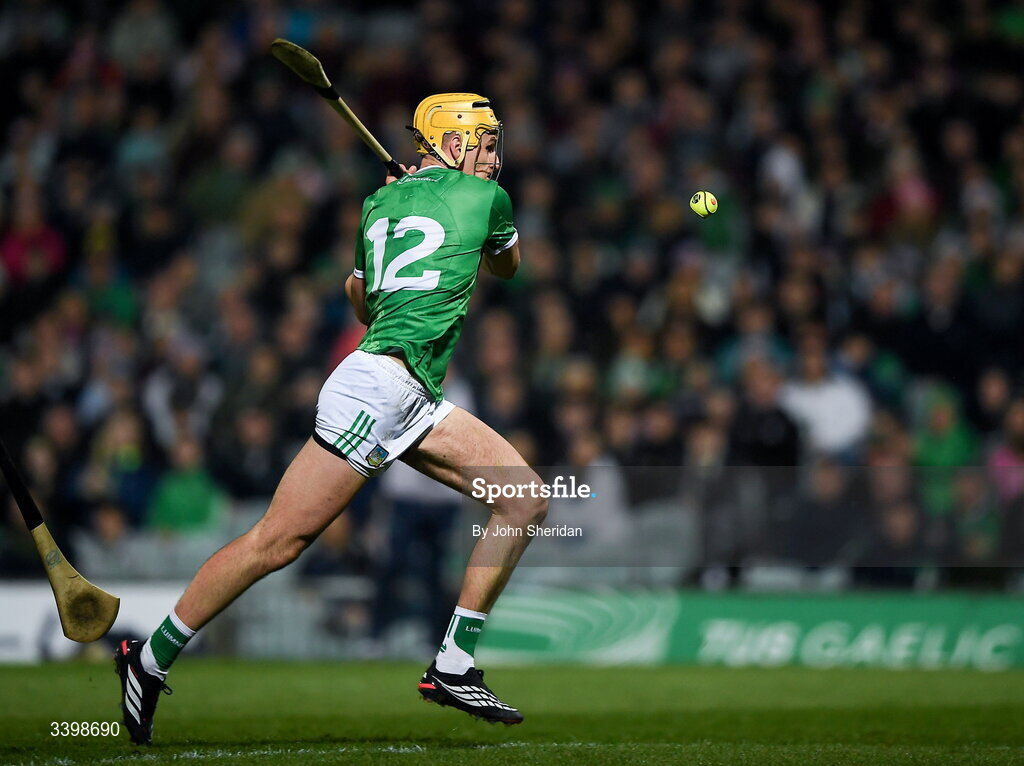 21 March 2026; Cathal O'Neill of Limerick shoots to score his side's first goal during the Allianz Hurling League Division 1A match between Limerick and Galway at TUS Gaelic Grounds in Limerick. Photo by John Sheridan/Sportsfile