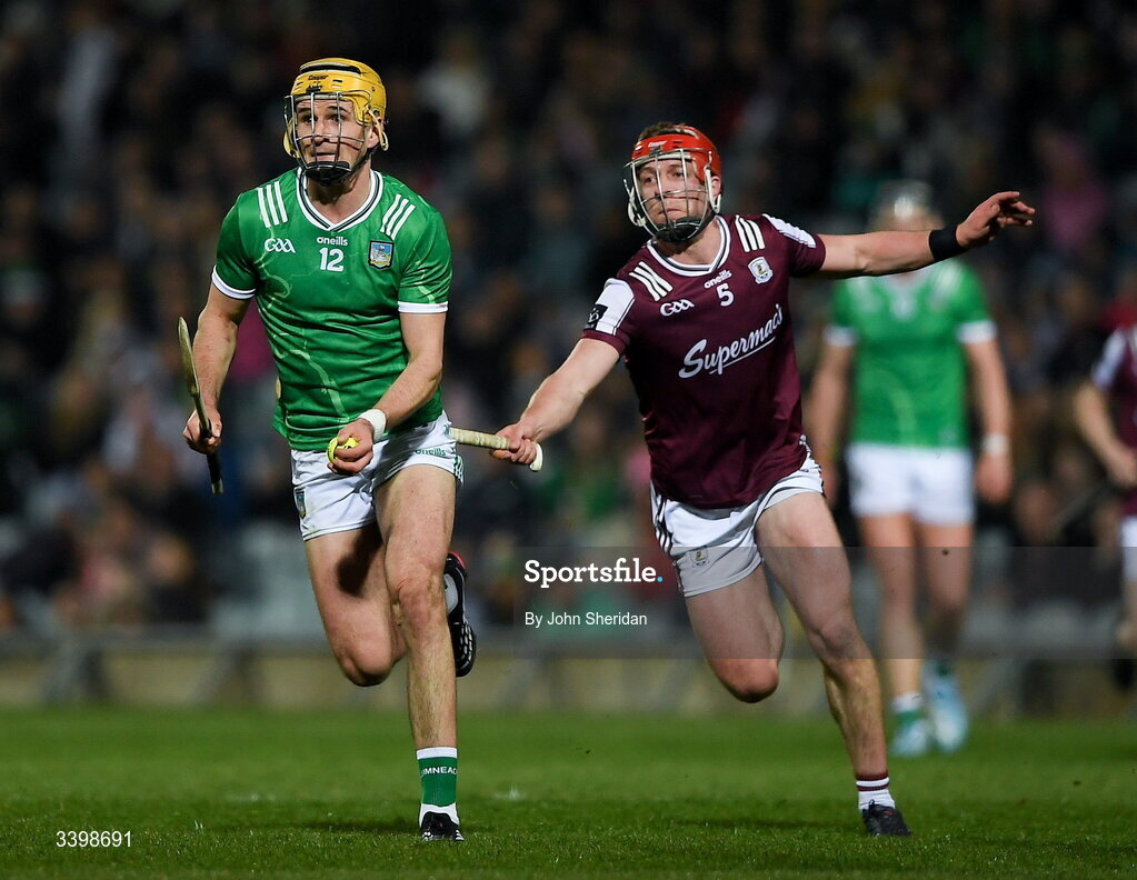 21 March 2026; Cathal O'Neill of Limerick in action against Ronan Glennon of Galway during the Allianz Hurling League Division 1A match between Limerick and Galway at TUS Gaelic Grounds in Limerick. Photo by John Sheridan/Sportsfile