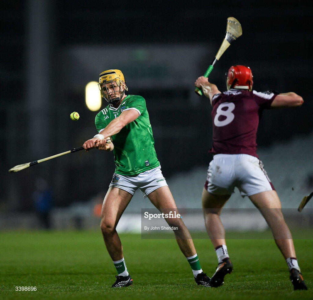 21 March 2026;Cathal O'Neill of Limerick in action against TJ Brennan of Galway during the Allianz Hurling League Division 1A match between Limerick and Galway at TUS Gaelic Grounds in Limerick. Photo by John Sheridan/Sportsfile