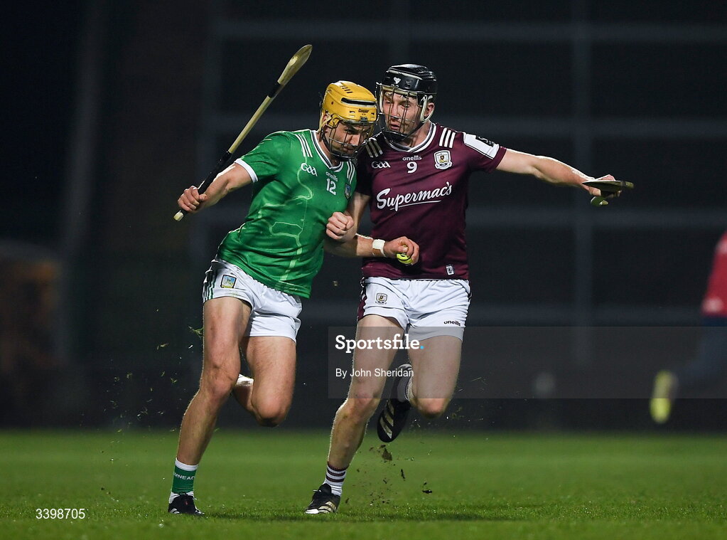 21 March 2026; Cathal O'Neill of Limerick in action against Cian Daniels of Galway during the Allianz Hurling League Division 1A match between Limerick and Galway at TUS Gaelic Grounds in Limerick. Photo by John Sheridan/Sportsfile