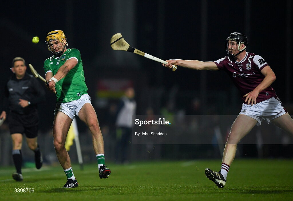 21 March 2026; Cathal O'Neill of Limerick in action against Cian Daniels of Galway during the Allianz Hurling League Division 1A match between Limerick and Galway at TUS Gaelic Grounds in Limerick. Photo by John Sheridan/Sportsfile