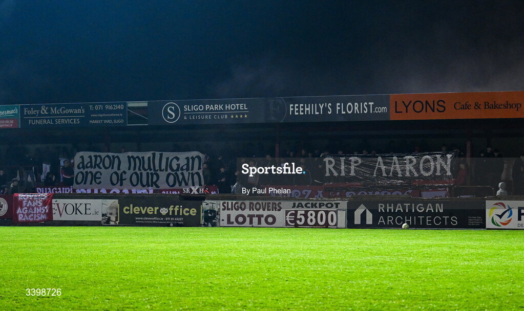 21 March 2026; A tifo in memory of Sligo Rovers supporter Aaron Mulligan during the SSE Airtricity Men's Premier Division match between Sligo Rovers and Shelbourne at The Showgrounds in Sligo. Photo by Paul Phelan/Sportsfile