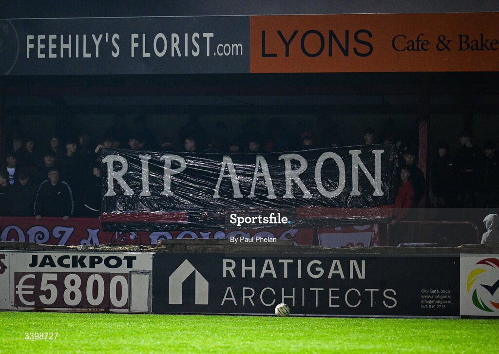21 March 2026; A tifo in memory of Sligo Rovers supporter Aaron Mulligan during the SSE Airtricity Men's Premier Division match between Sligo Rovers and Shelbourne at The Showgrounds in Sligo. Photo by Paul Phelan/Sportsfile