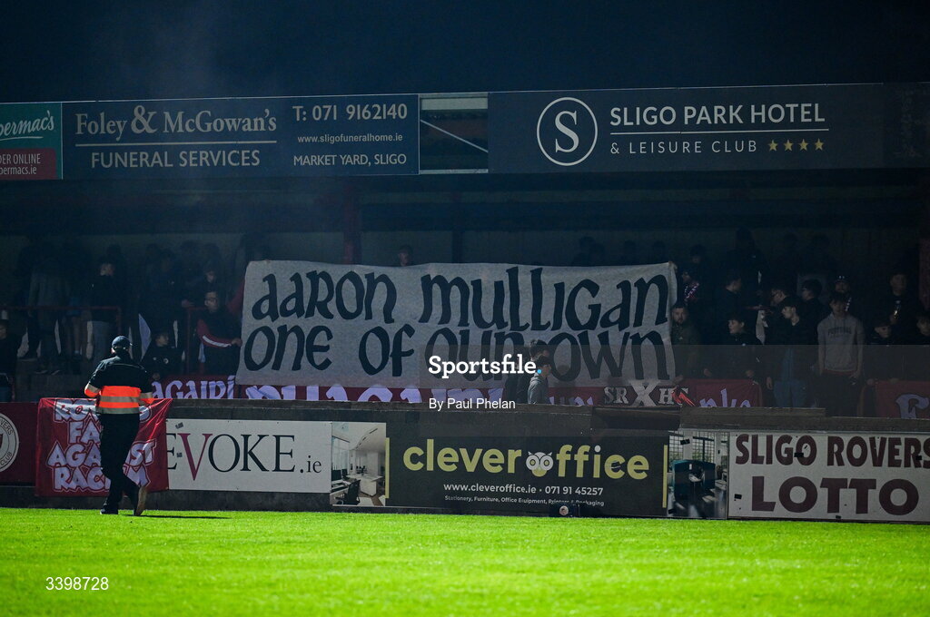 21 March 2026; A tifo in memory of Sligo Rovers supporter Aaron Mulligan during the SSE Airtricity Men's Premier Division match between Sligo Rovers and Shelbourne at The Showgrounds in Sligo. Photo by Paul Phelan/Sportsfile