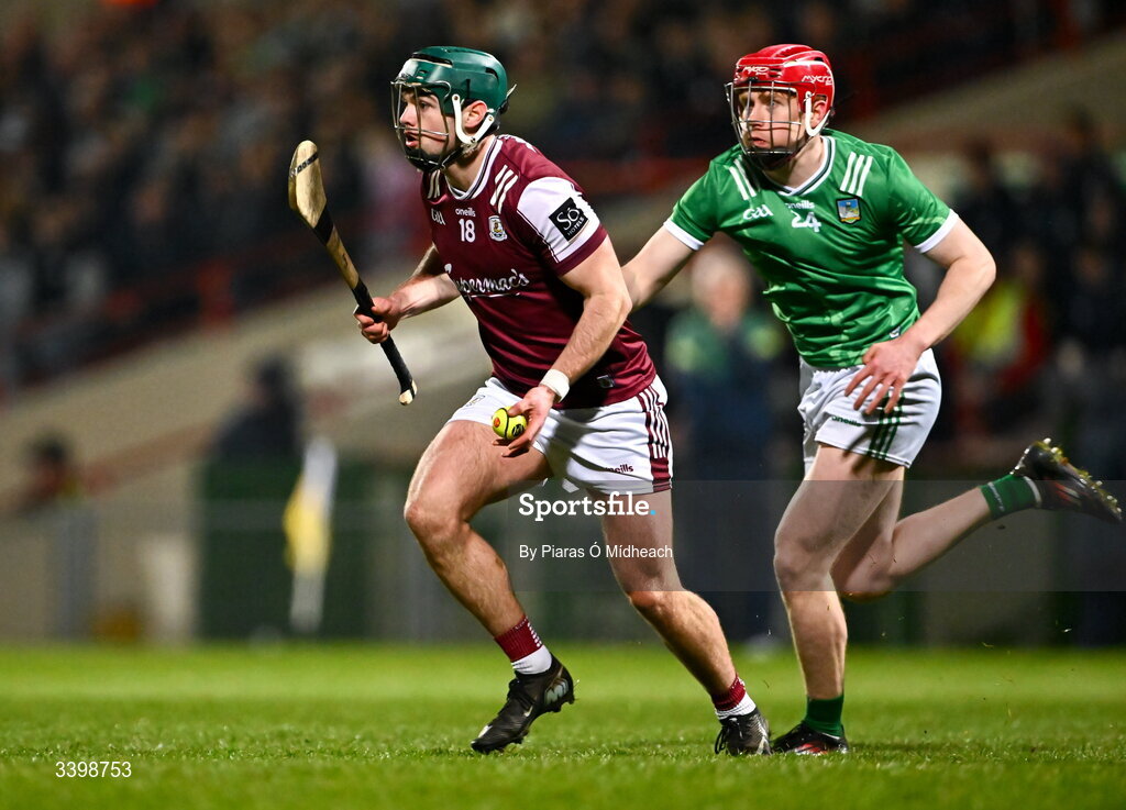 21 March 2026; Shane Morgan of Galway in action against Donnacha Ó Dalaigh of Limerick during the Allianz Hurling League Division 1A match between Limerick and Galway at TUS Gaelic Grounds in Limerick. Photo by Piaras Ó Mídheach/Sportsfile