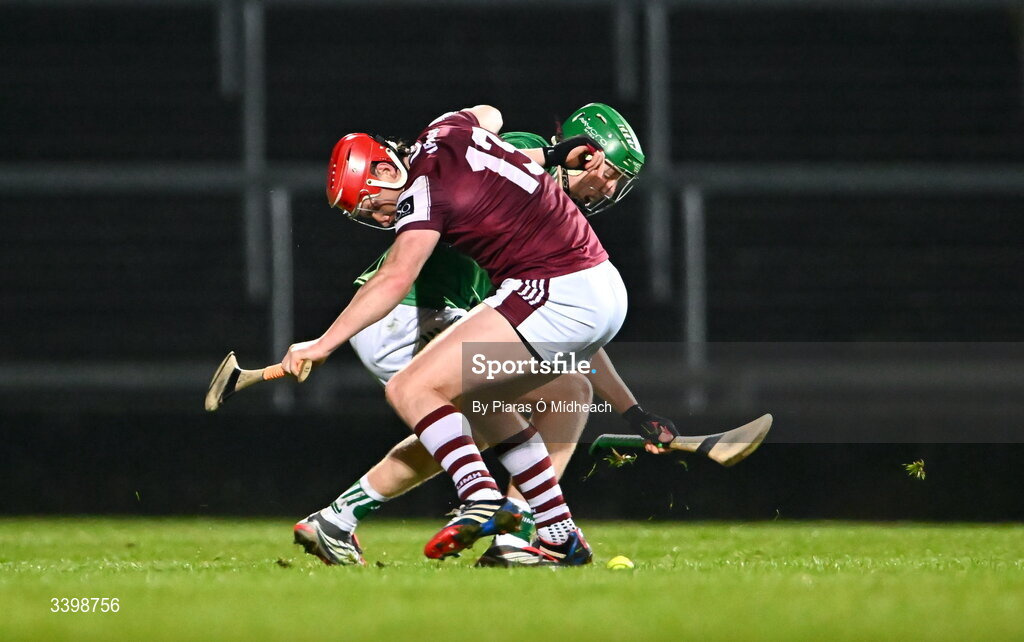 21 March 2026; Conor Whelan of Galway in action against Daragh Langan of Limerick during the Allianz Hurling League Division 1A match between Limerick and Galway at TUS Gaelic Grounds in Limerick. Photo by Piaras Ó Mídheach/Sportsfile