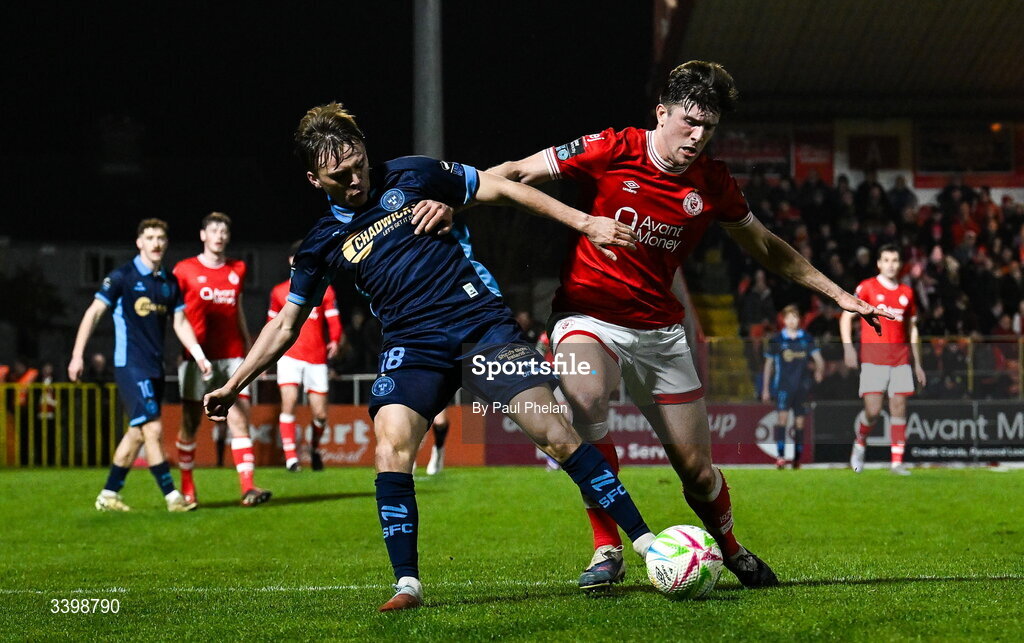 21 March 2026; James Norris of Shelbourne in action against Seb Quirk of Sligo Rovers during the SSE Airtricity Men's Premier Division match between Sligo Rovers and Shelbourne at The Showgrounds in Sligo. Photo by Paul Phelan/Sportsfile