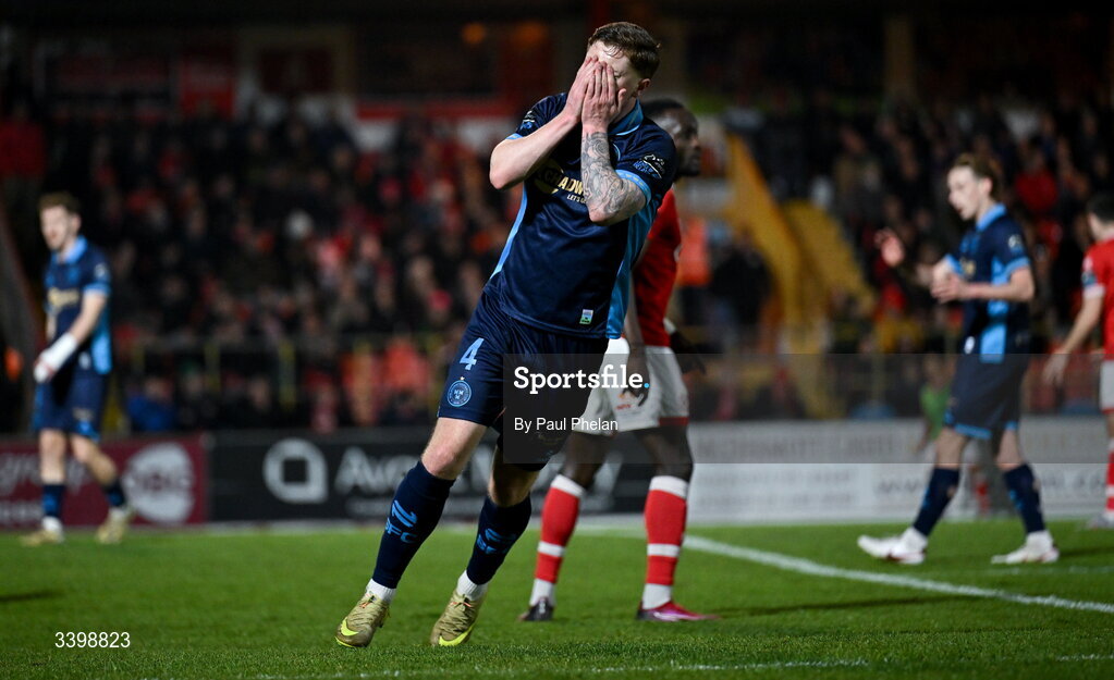 21 March 2026; Kameron Ledwidge of Shelbourne reacts after missing a chance during the SSE Airtricity Men's Premier Division match between Sligo Rovers and Shelbourne at The Showgrounds in Sligo. Photo by Paul Phelan/Sportsfile