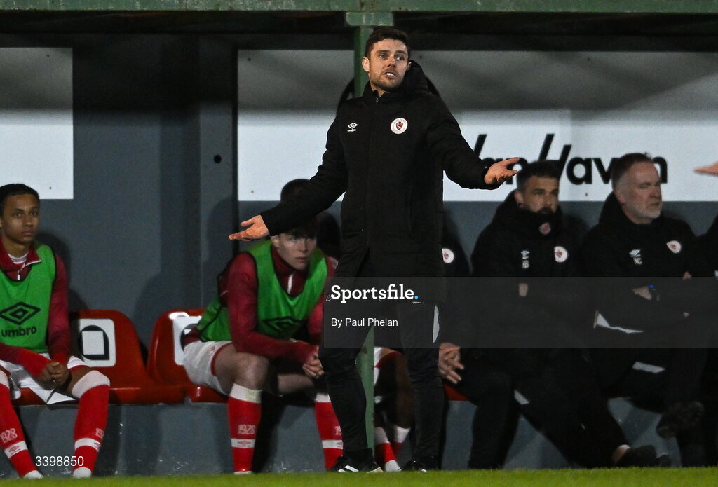 21 March 2026; Sligo Rovers manager John Russell  reacts during the SSE Airtricity Men's Premier Division match between Sligo Rovers and Shelbourne at The Showgrounds in Sligo. Photo by Paul Phelan/Sportsfile