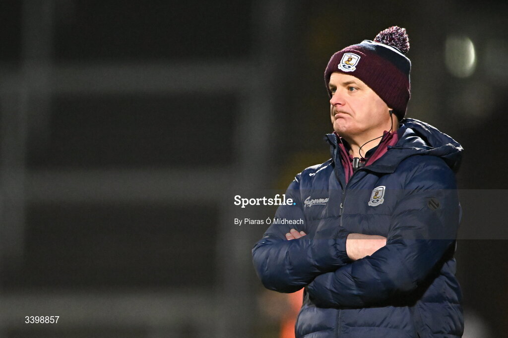 21 March 2026; Galway manager Micheál Donoghue reacts after Limerick's second goal, scored by Aaron Gillane, during the Allianz Hurling League Division 1A match between Limerick and Galway at TUS Gaelic Grounds in Limerick. Photo by Piaras Ó Mídheach/Sportsfile
