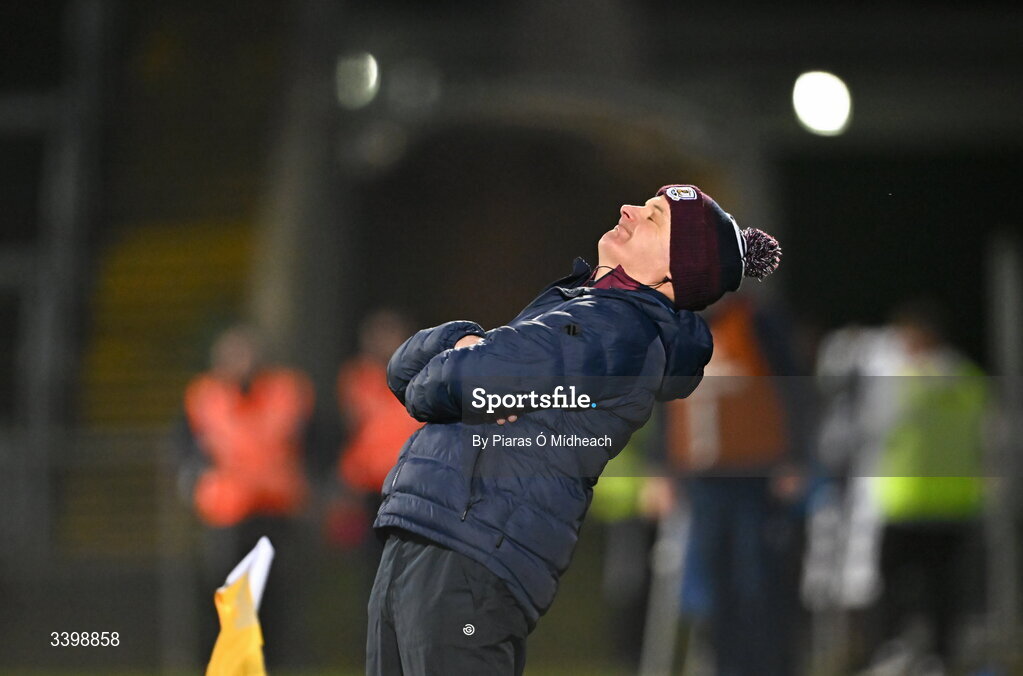 21 March 2026; Galway manager Micheál Donoghue reacts after Limerick's second goal, scored by Aaron Gillane, during the Allianz Hurling League Division 1A match between Limerick and Galway at TUS Gaelic Grounds in Limerick. Photo by Piaras Ó Mídheach/Sportsfile