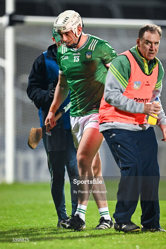21 March 2026; Aaron Gillane of Limerick receives medical attention for an injury during the Allianz Hurling League Division 1A match between Limerick and Galway at TUS Gaelic Grounds in Limerick. Photo by Piaras Ó Mídheach/Sportsfile