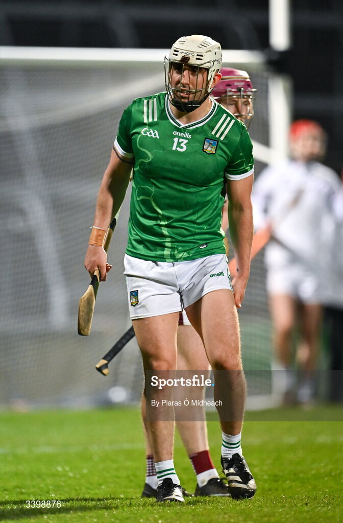 21 March 2026; Aaron Gillane of Limerick holds his leg awaits medical attention for an injury during the Allianz Hurling League Division 1A match between Limerick and Galway at TUS Gaelic Grounds in Limerick. Photo by Piaras Ó Mídheach/Sportsfile