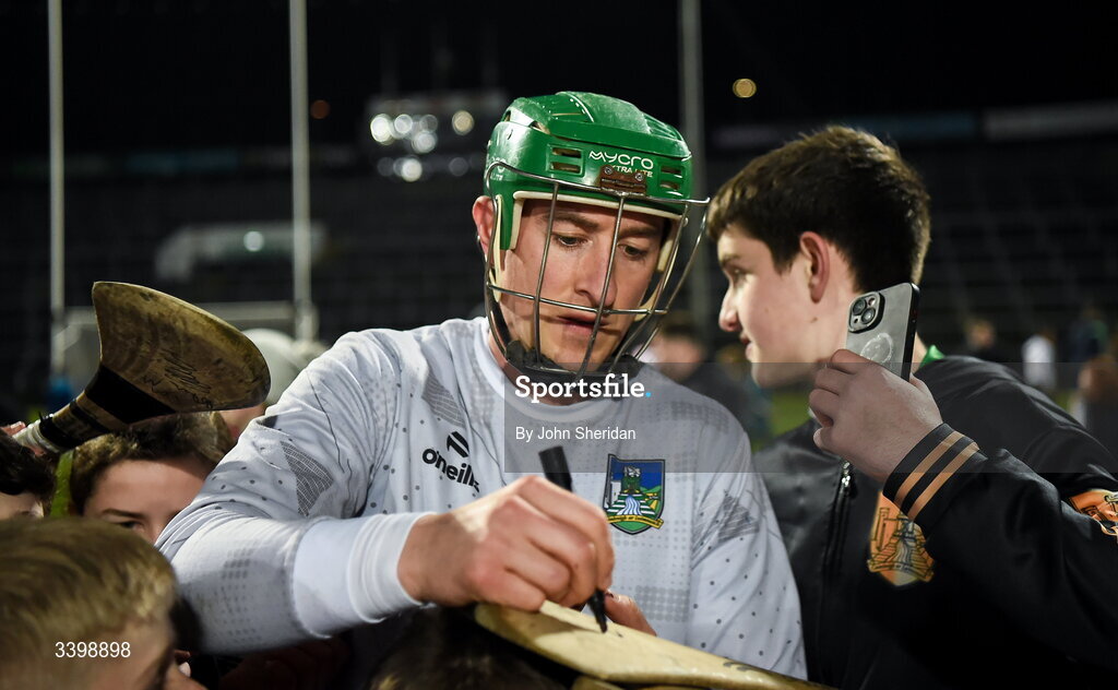21 March 2026; Limerick goalkeeper Nickie Quaid signs hurleys after the Allianz Hurling League Division 1A match between Limerick and Galway at TUS Gaelic Grounds in Limerick. Photo by John Sheridan/Sportsfile