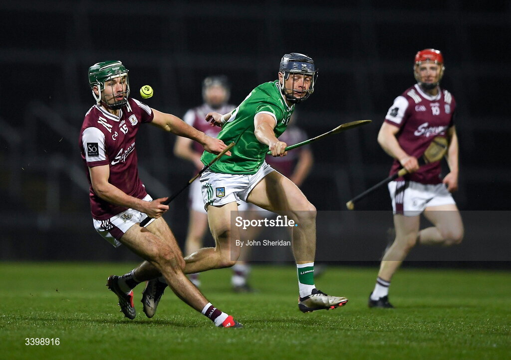 21 March 2026; Aaron Niland of Galway in action against David Reidy of Limerick during the Allianz Hurling League Division 1A match between Limerick and Galway at TUS Gaelic Grounds in Limerick. Photo by John Sheridan/Sportsfile