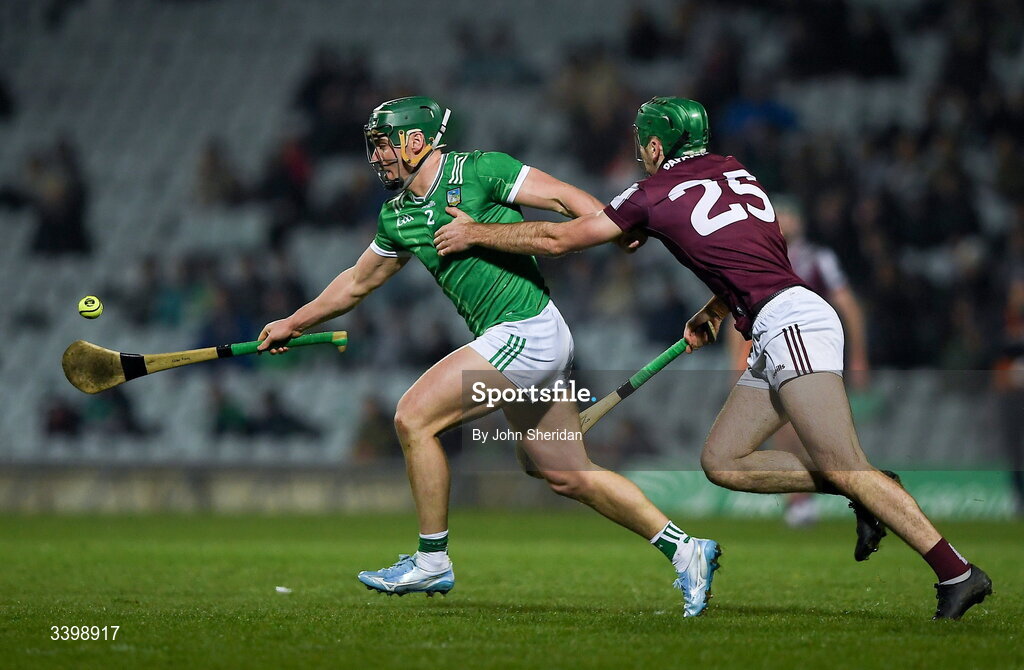 21 March 2026; Seán Finn of Limerick in action against Brian Concannon of Galway during the Allianz Hurling League Division 1A match between Limerick and Galway at TUS Gaelic Grounds in Limerick. Photo by John Sheridan/Sportsfile