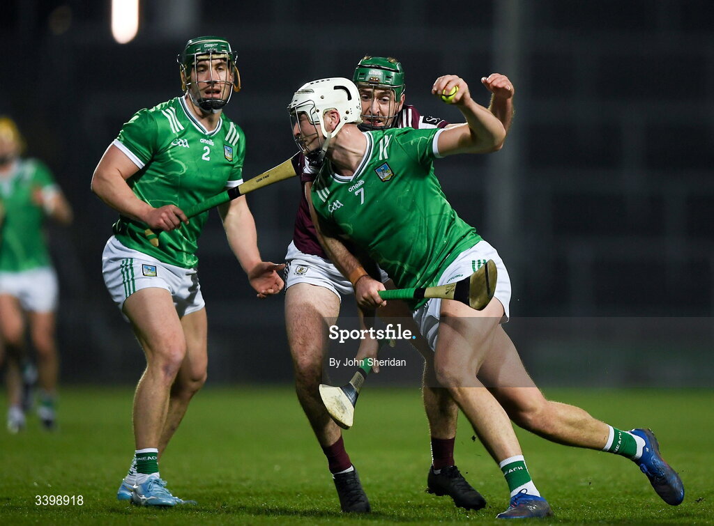 21 March 2026; Kyle Hayes of Limerick is tackled by Brian Concannon of Galway during the Allianz Hurling League Division 1A match between Limerick and Galway at TUS Gaelic Grounds in Limerick. Photo by John Sheridan/Sportsfile
