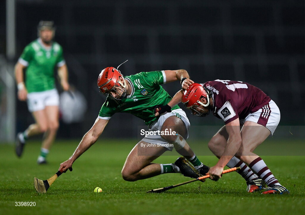 21 March 2026; Barry Nash of Limerick in action against Conor Whelan of Galway during the Allianz Hurling League Division 1A match between Limerick and Galway at TUS Gaelic Grounds in Limerick. Photo by John Sheridan/Sportsfile